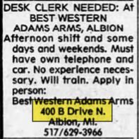 Super 9 Inn (Best Western Adams Arms) - May 1989 Ad